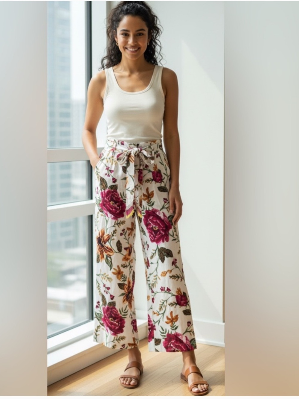 Joie Tassel Beaded Belt Pull On Wide Leg Linen Blend Floral Crop Pant SZ 6